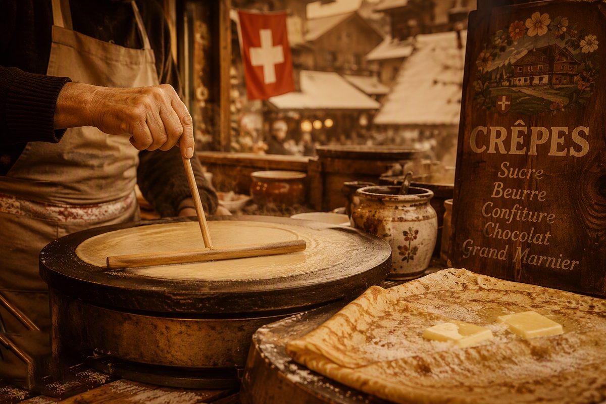 Frische Crêpes werden auf einer gusseisernen Crêpe-Platte gebacken
