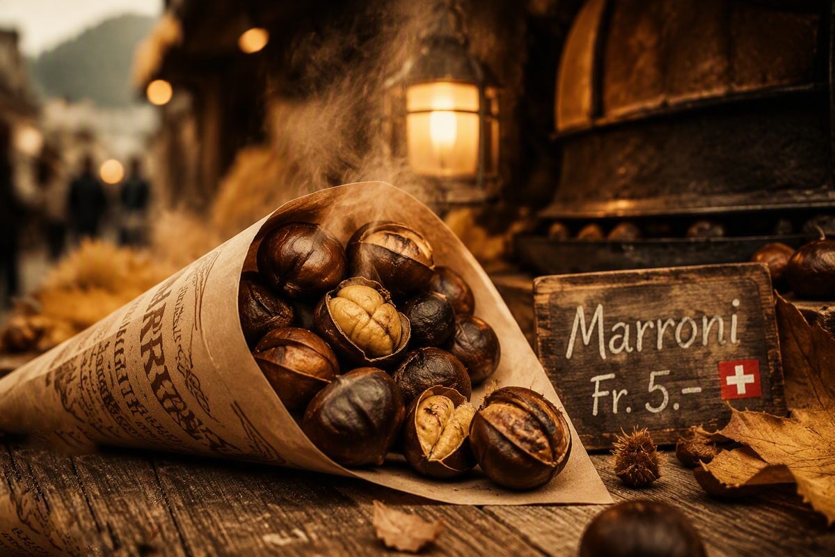 Heisse gebratene Marroni im Papiercornet auf einem Marktstand
